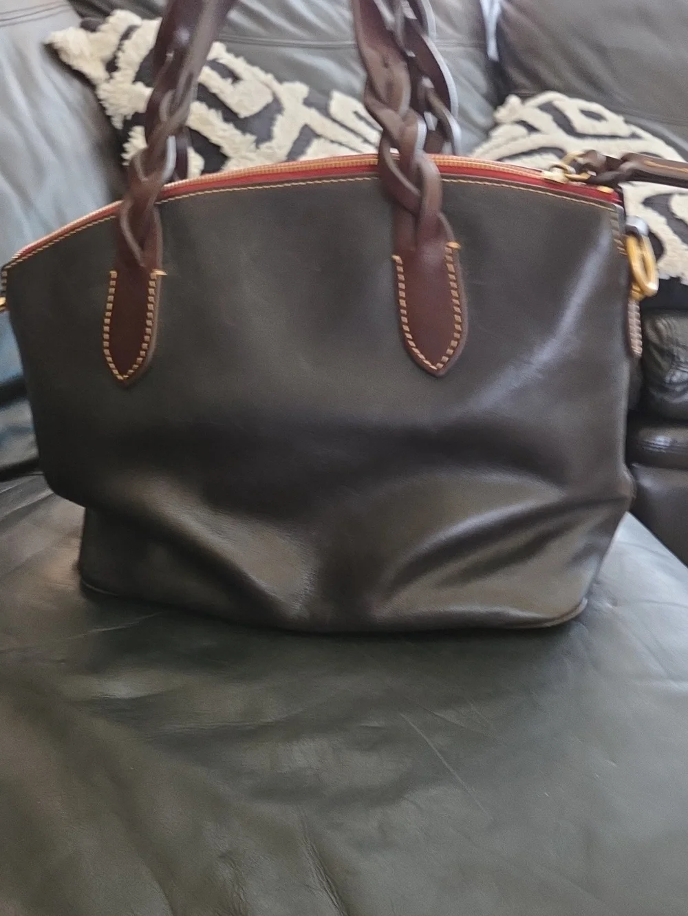 Leather Tote Bag in Dark Blue with Dark Brown Braided Handles. - Picture 2 of 7